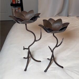 Set of 2 Vintage Metal Lotus Flower Candle Holders - Sculptural Decor